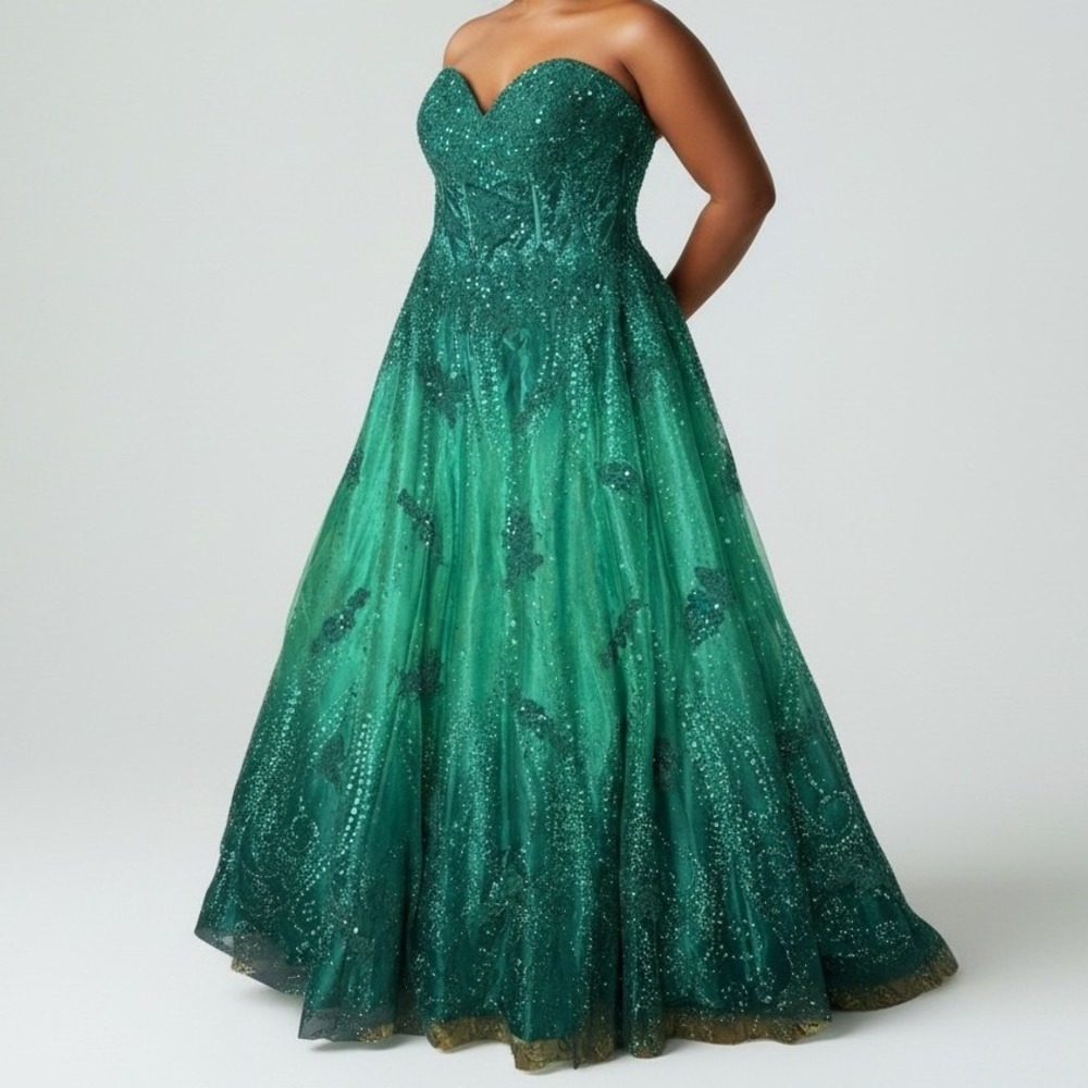 Jovani Emerald Green Sequin Lace Strapless Ball Gown Prom Dress Womens 16 Formal